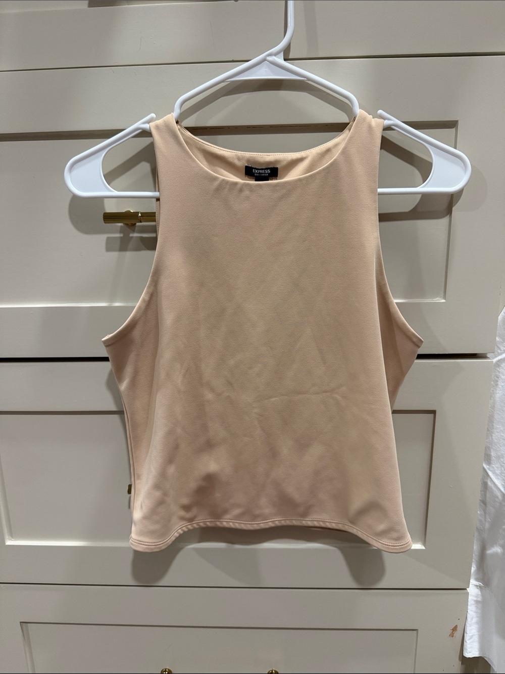 Express Women's Sleeveless High-Neck Tank Top - Beige body contour